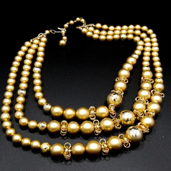 Vintage Japan Art Bead Gold Necklace, 3 Strands, 1950s, 18" - Picture 4 of 10